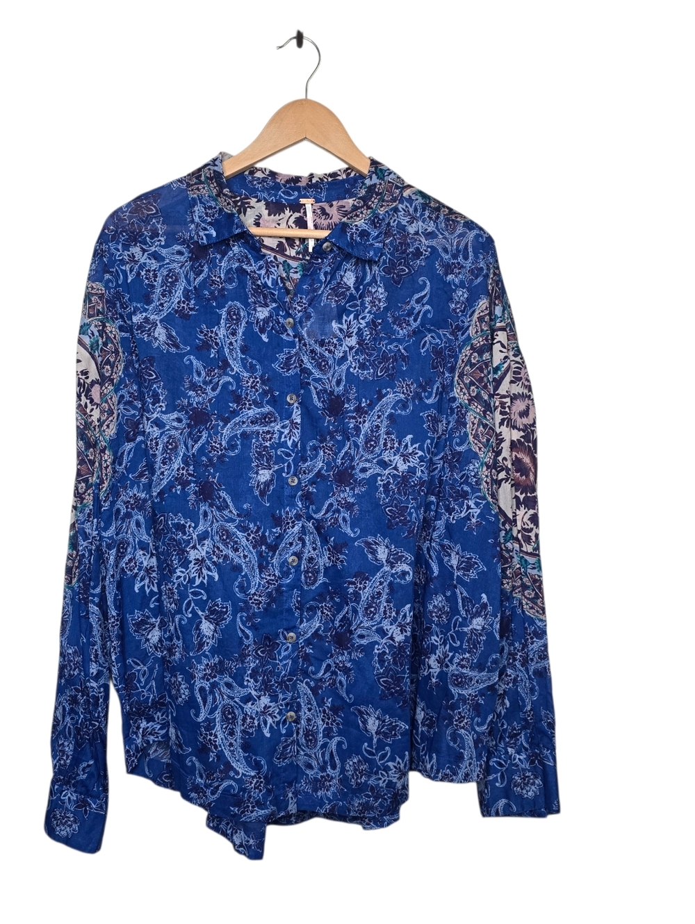 Free People Blue Combo Rose Bud Paisley Button Front Blouse